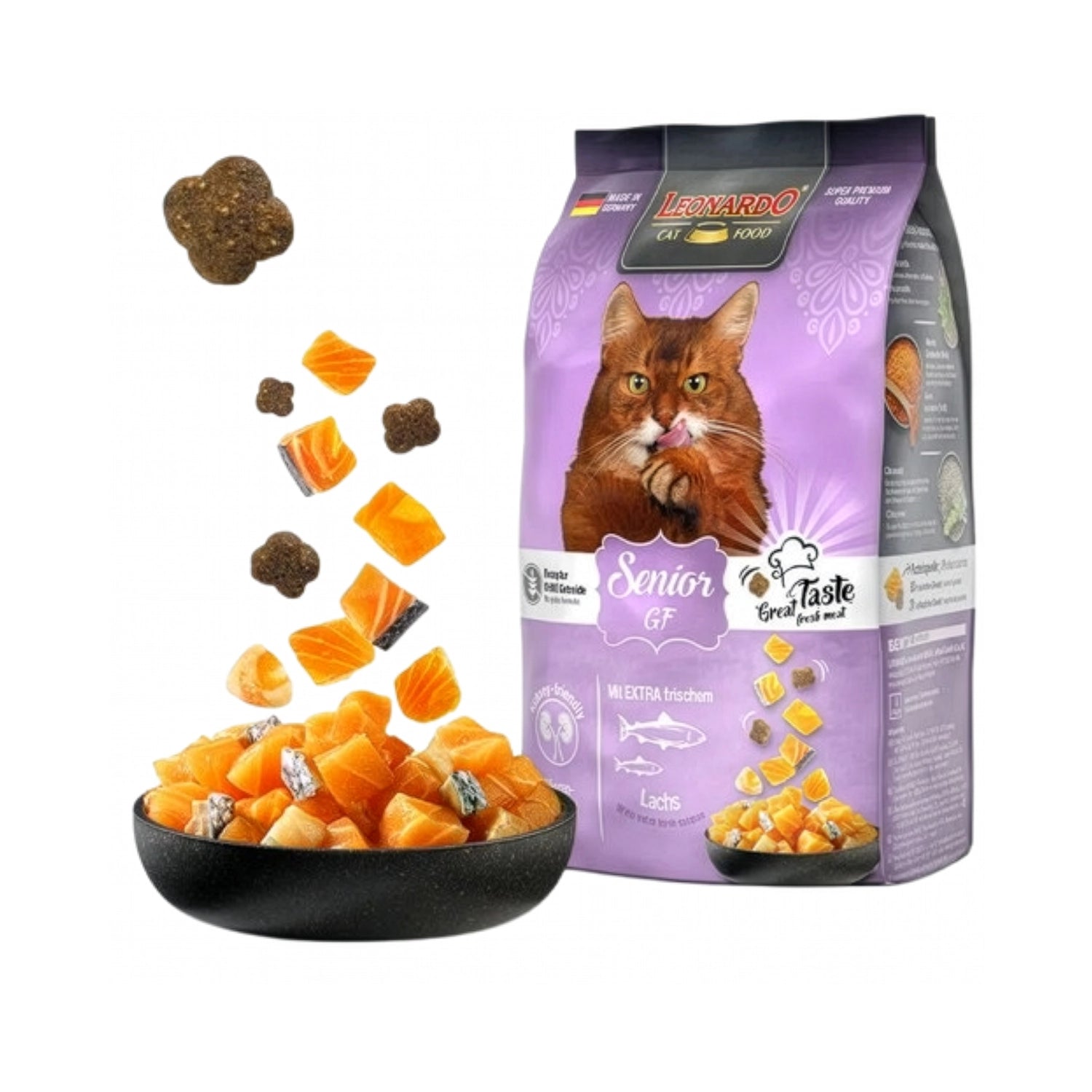 Leonardo Gato Senior GF alimento para gatos mayores sin granos, bolsa lila con gato café y trozos de salmón fresco
