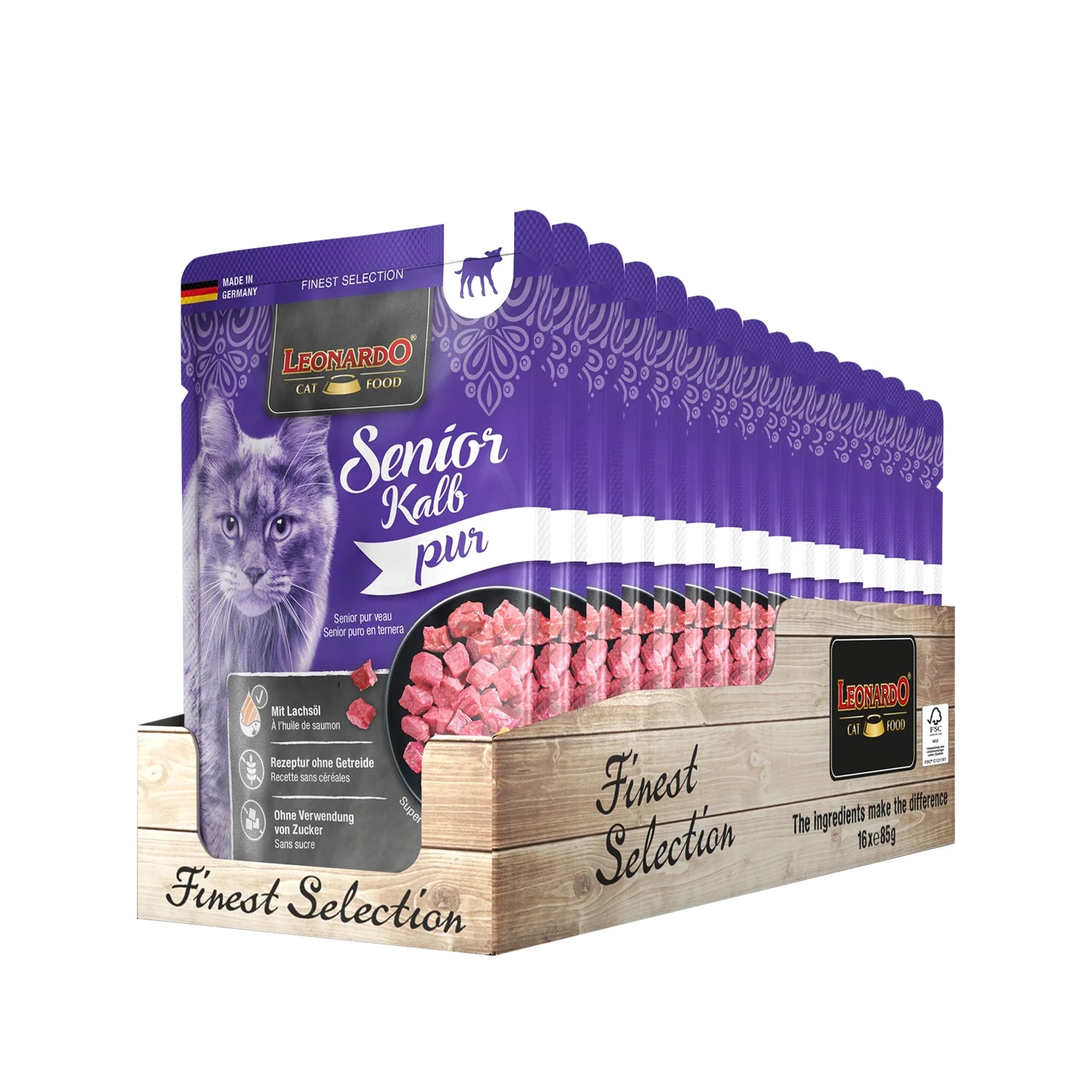 Leonardo Pouch Senior Ternero alimento húmedo para gatos mayores pack, envase morado con gato gris y trozos de ternero.
