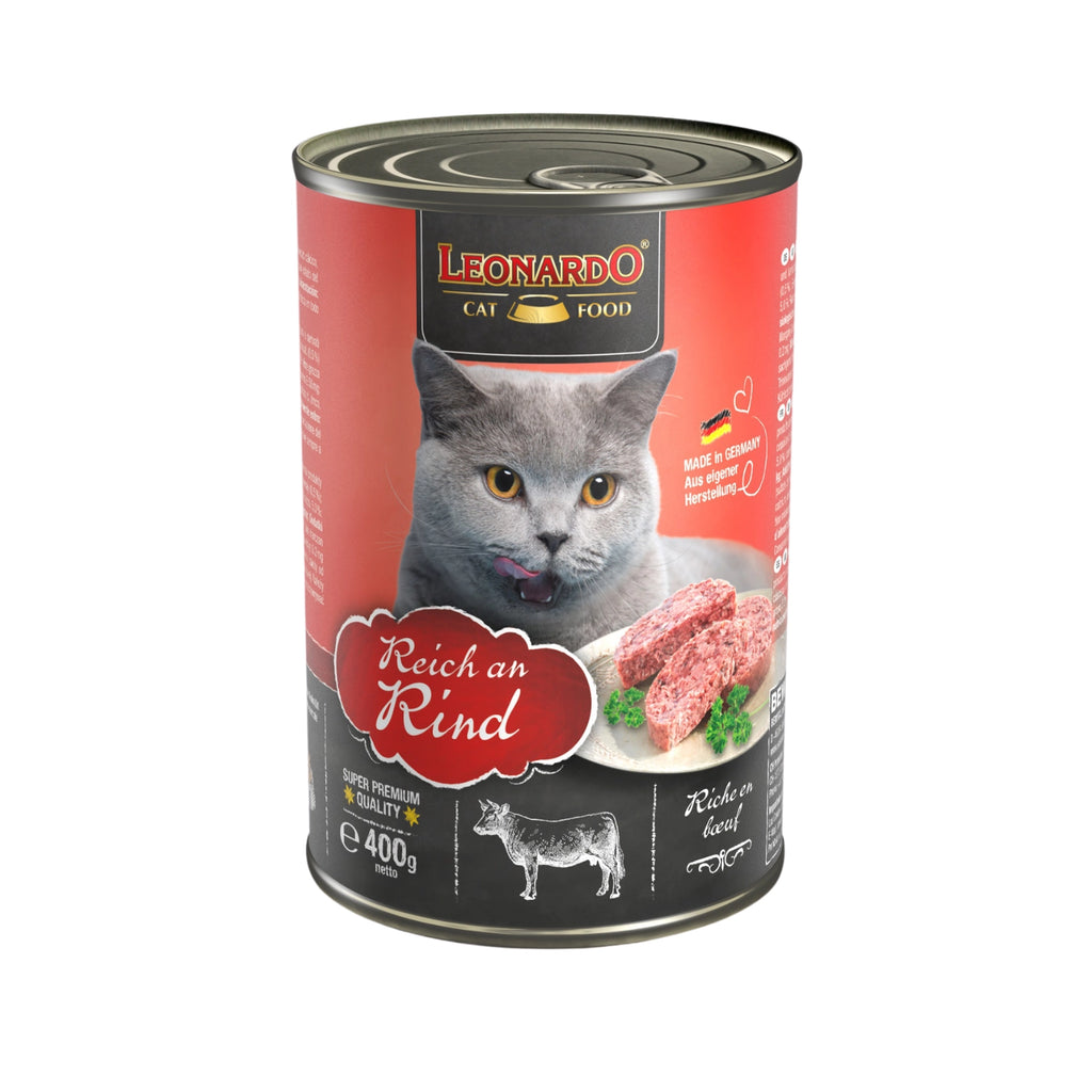 Leonardo Lata de Ternera alimento húmedo para gatos 400 g, envase rojo con gato gris y receta rica en carne de ternera.