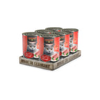 Leonardo Lata de Ternera alimento húmedo para gatos pack 6 latas, envase rojo con gato gris y receta rica en carne de ternera.