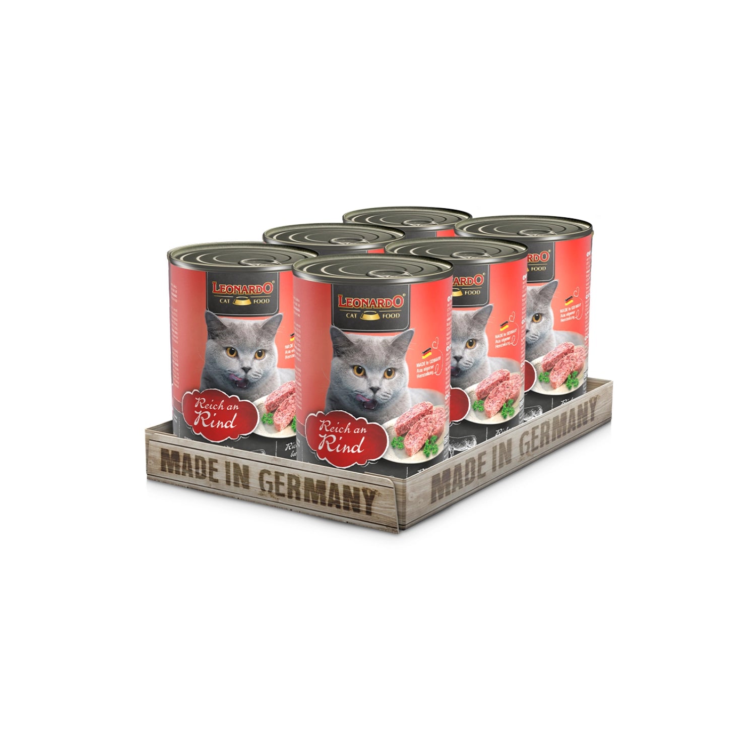 Leonardo Lata de Ternera alimento húmedo para gatos pack 6 latas, envase rojo con gato gris y receta rica en carne de ternera.