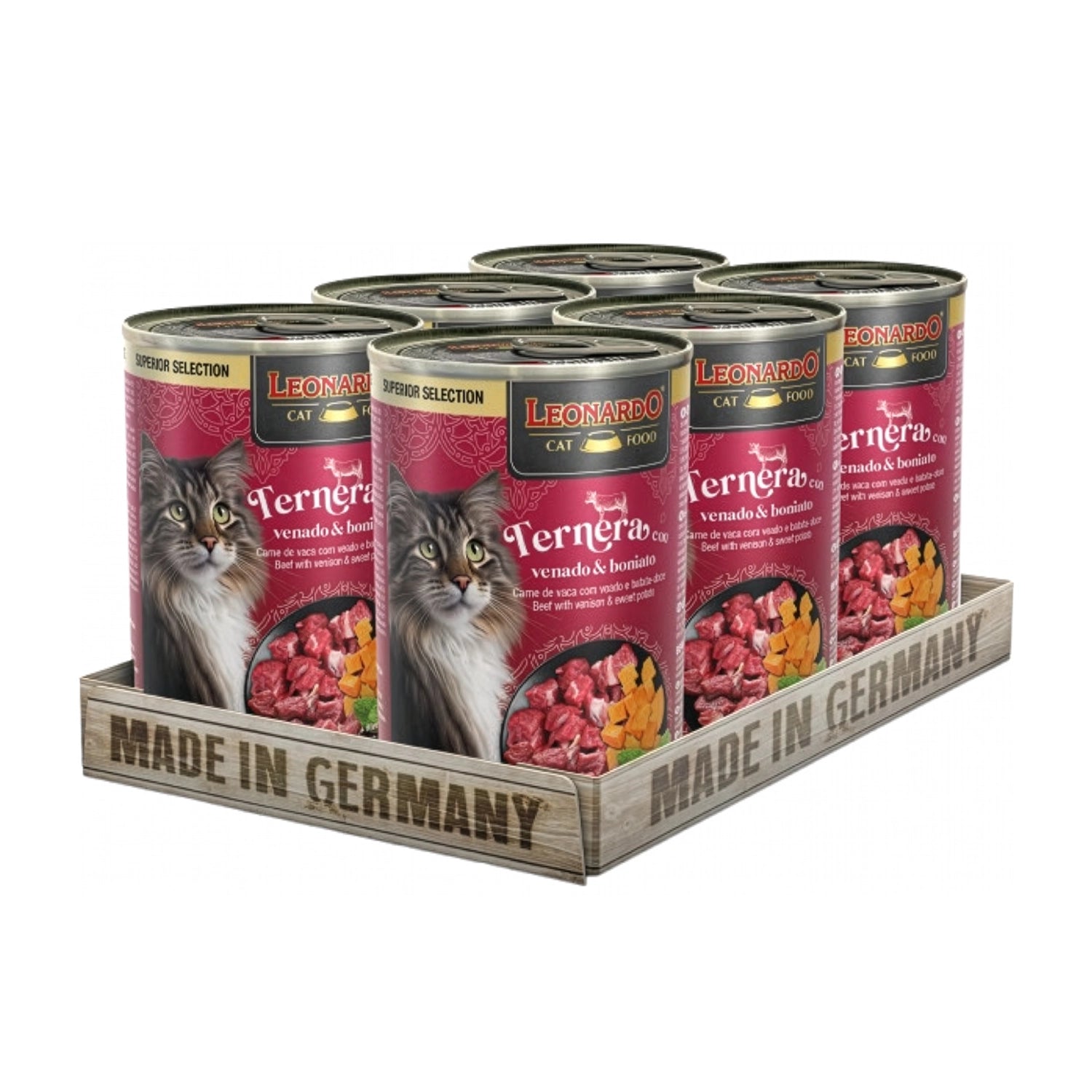 Leonardo Lata Superior Selection Ternera con Venado y Boniato, lata premium con gato y trozos de carne y boniato.