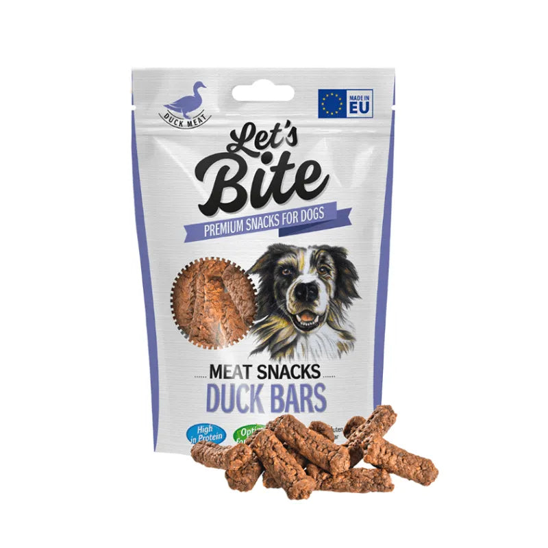 Let's Bite Meat Barritas de Pato para Perros, snack premium en bolsa con imagen de perro y trozos de barras de carne de pato.