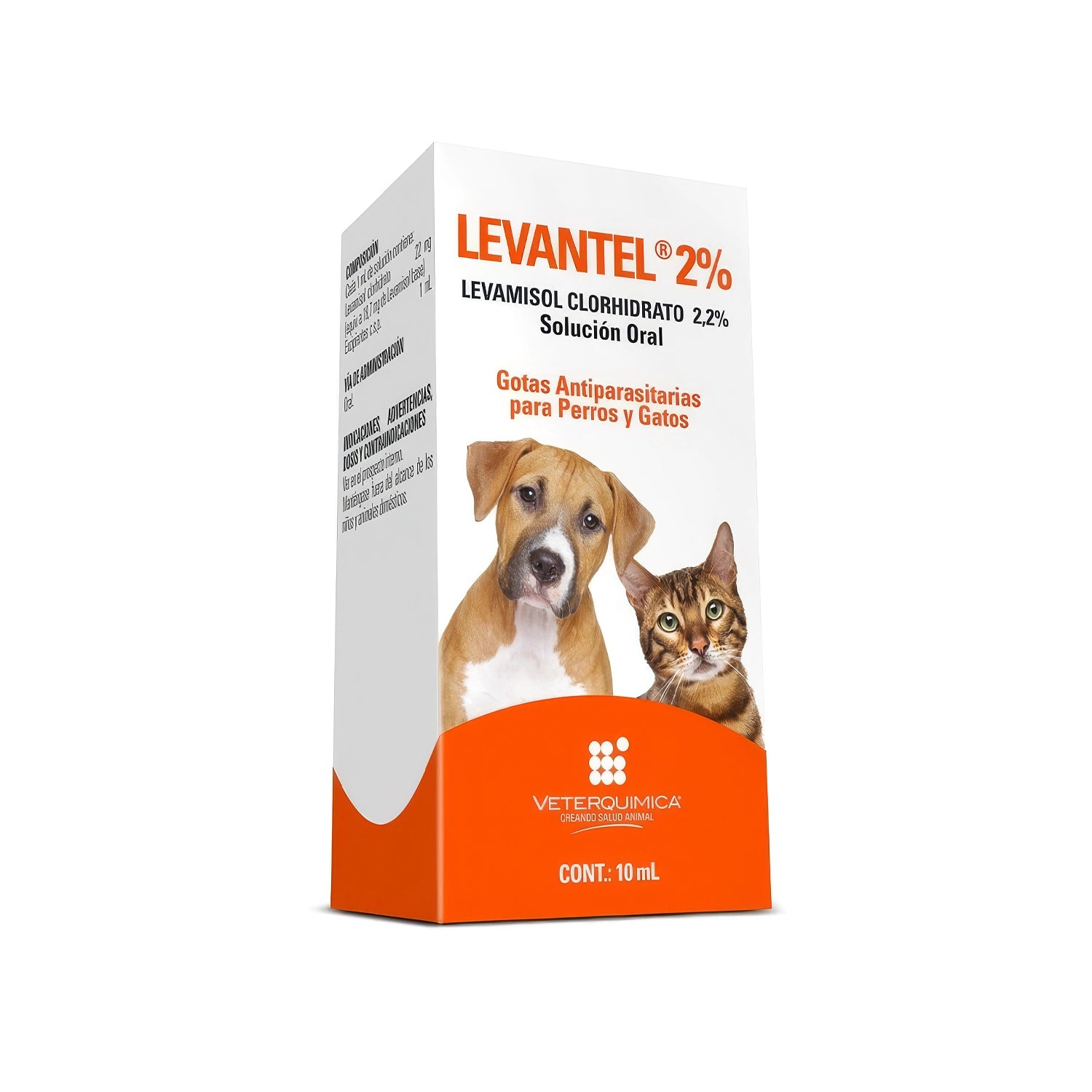 Levantel 2% Solución Oral en caja con imagen de perro y gato, gotas antiparasitarias para perros y gatos, contenido 10 mL.