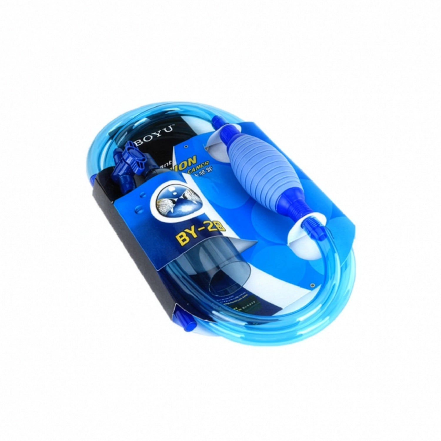 Limpiador de Gravilla con Válvula Boyu para acuarios con sifón manual, pera de cebado, manguera transparente y accesorios de limpieza.