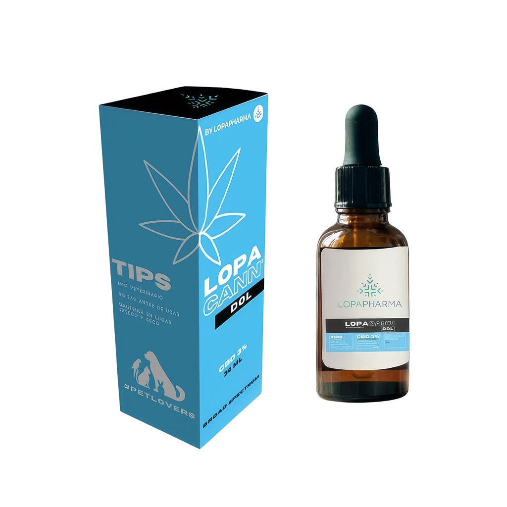 Lopacann-Dol CBD 3% con frasco gotario y caja azul, suplemento veterinario para mascotas presentado en envase.