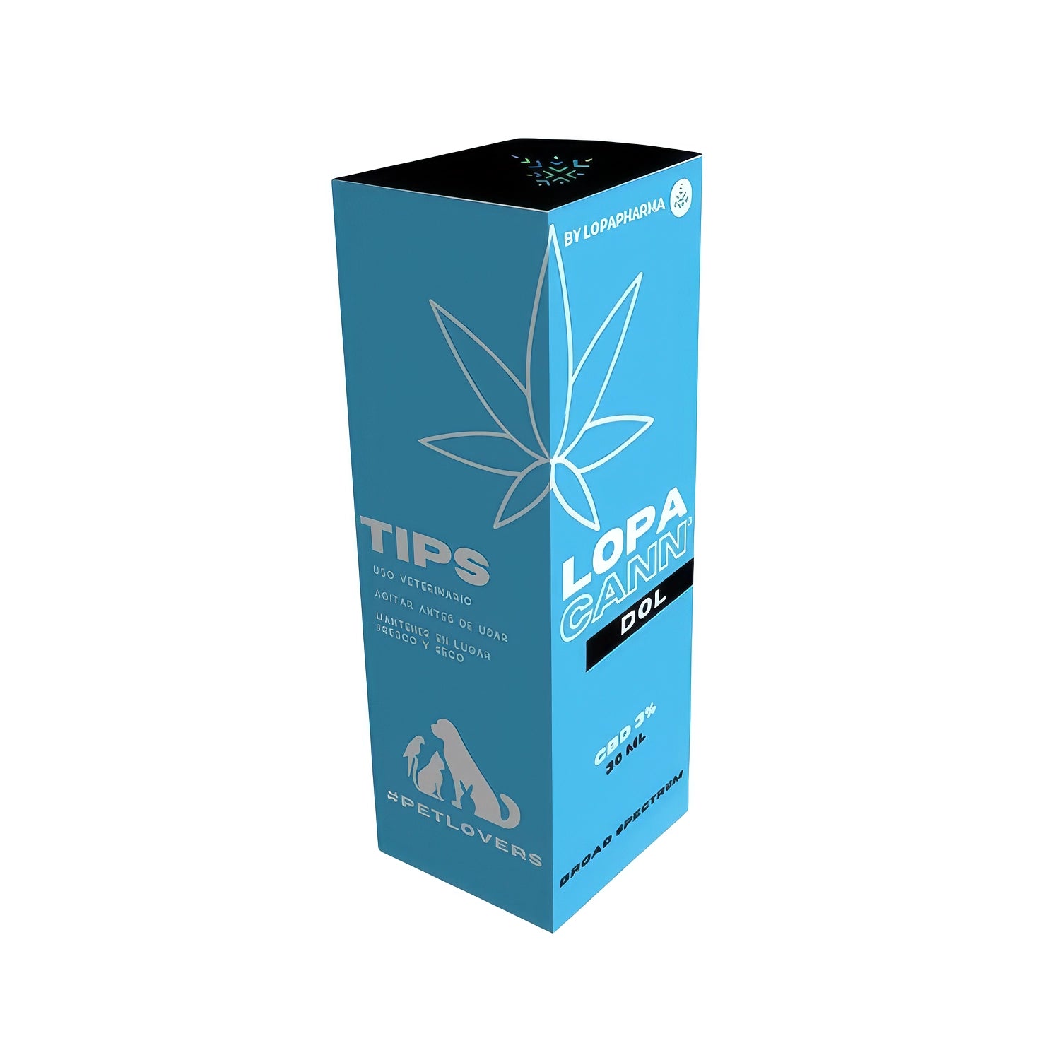 Lopacann-Dol CBD 3% con frasco gotario y caja azul, suplemento veterinario para mascotas presentado en envase.
