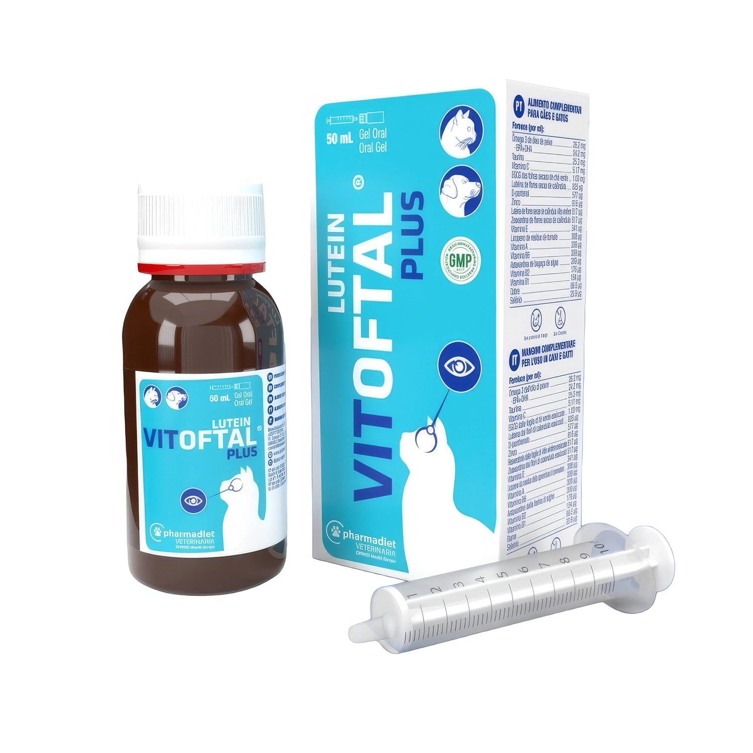 Vitoftal Lutein Plus en frasco de 50 mL con caja y jeringa dosificadora, gel oral veterinario para perros y gatos.