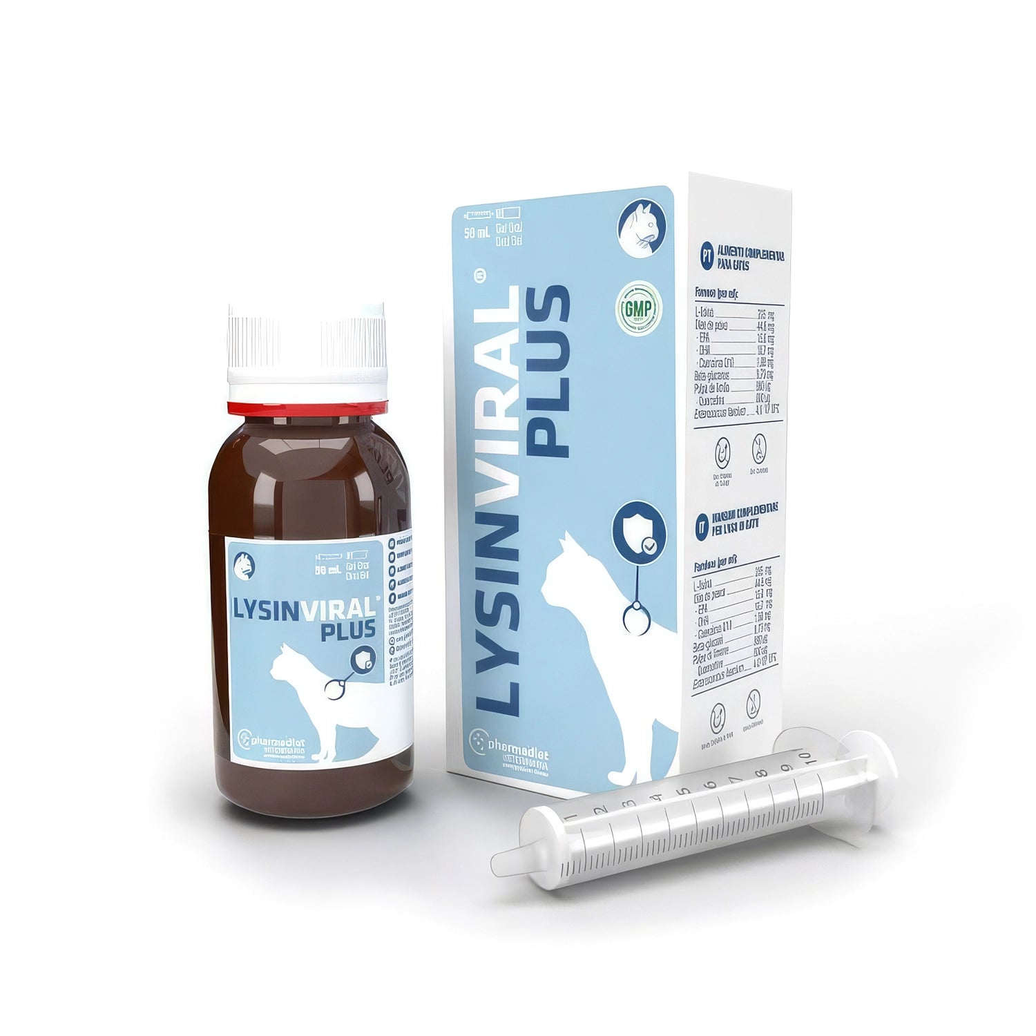 Lysinviral Plus Gatos en frasco de 50 mL con caja azul y jeringa dosificadora, suplemento veterinario para felinos.