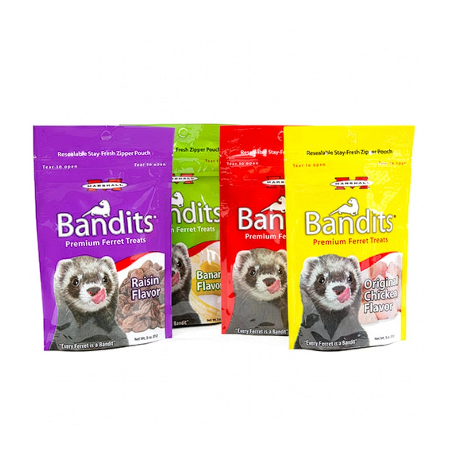 Snacks Premium "Bandits" para Hurón Marshall, en bolsa resellable de 85 g con un hurón en el envase.