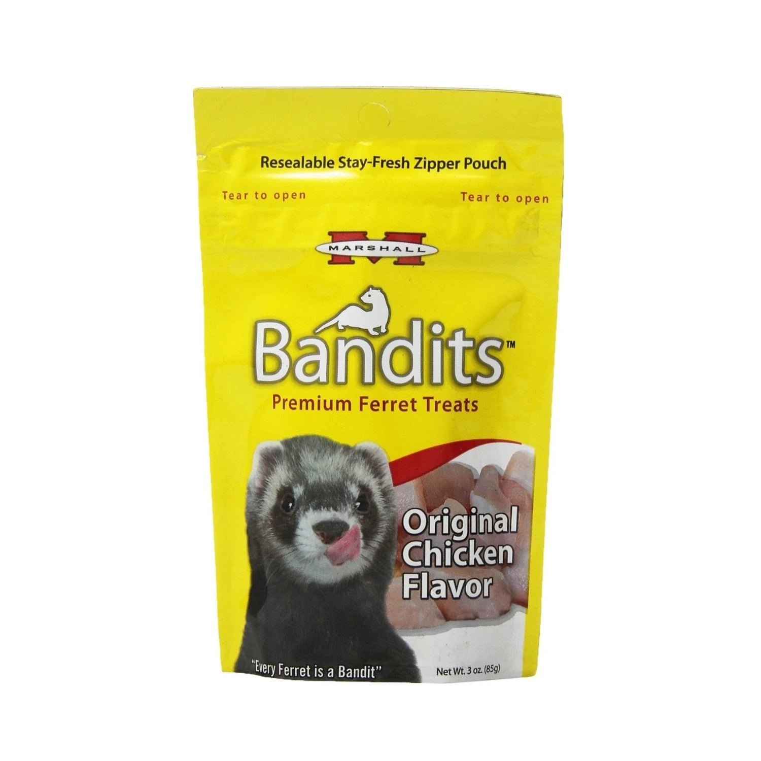 Snacks Premium "Bandits" para Hurón Marshall sabor pollo, en bolsa amarilla resellable de 85 g con un hurón en el envase.