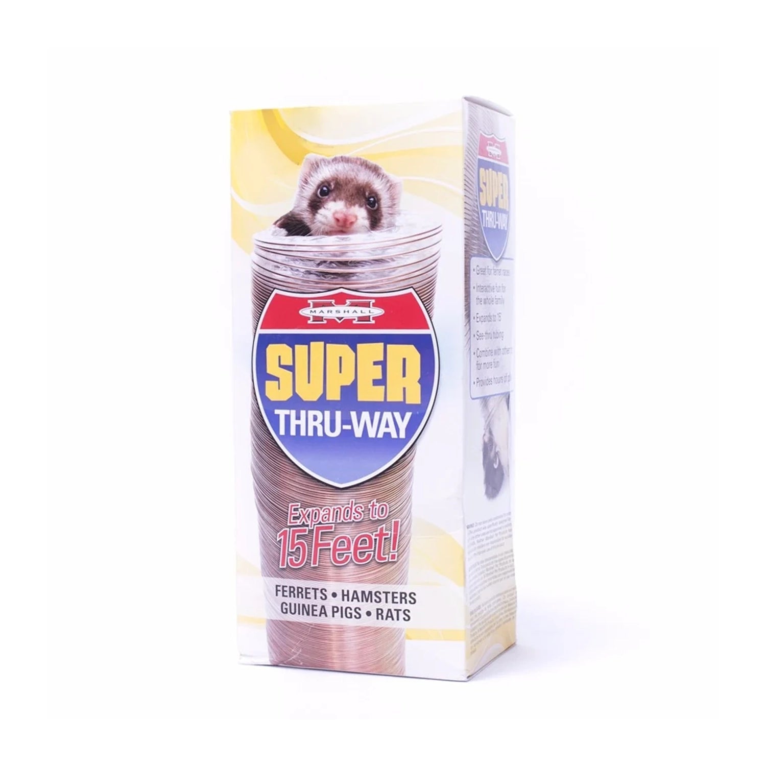 Túnel de Juguete "Super Thru-way" para Hurón Marshall, extensible hasta 15 pies, presentado en caja con un hurón.