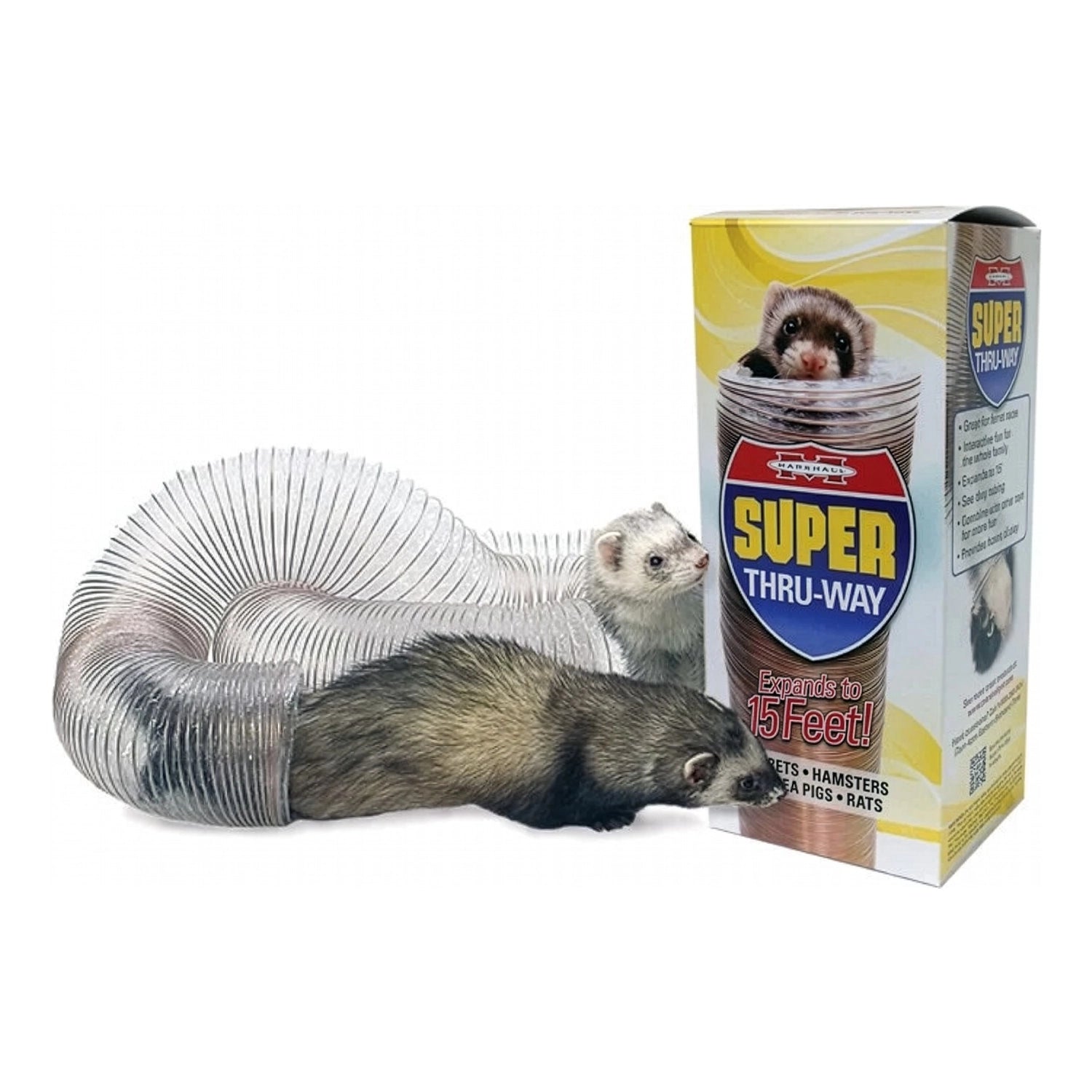Túnel de Juguete "Super Thru-way" para Hurón Marshall, extensible hasta 15 pies, presentado en caja con un hurón.