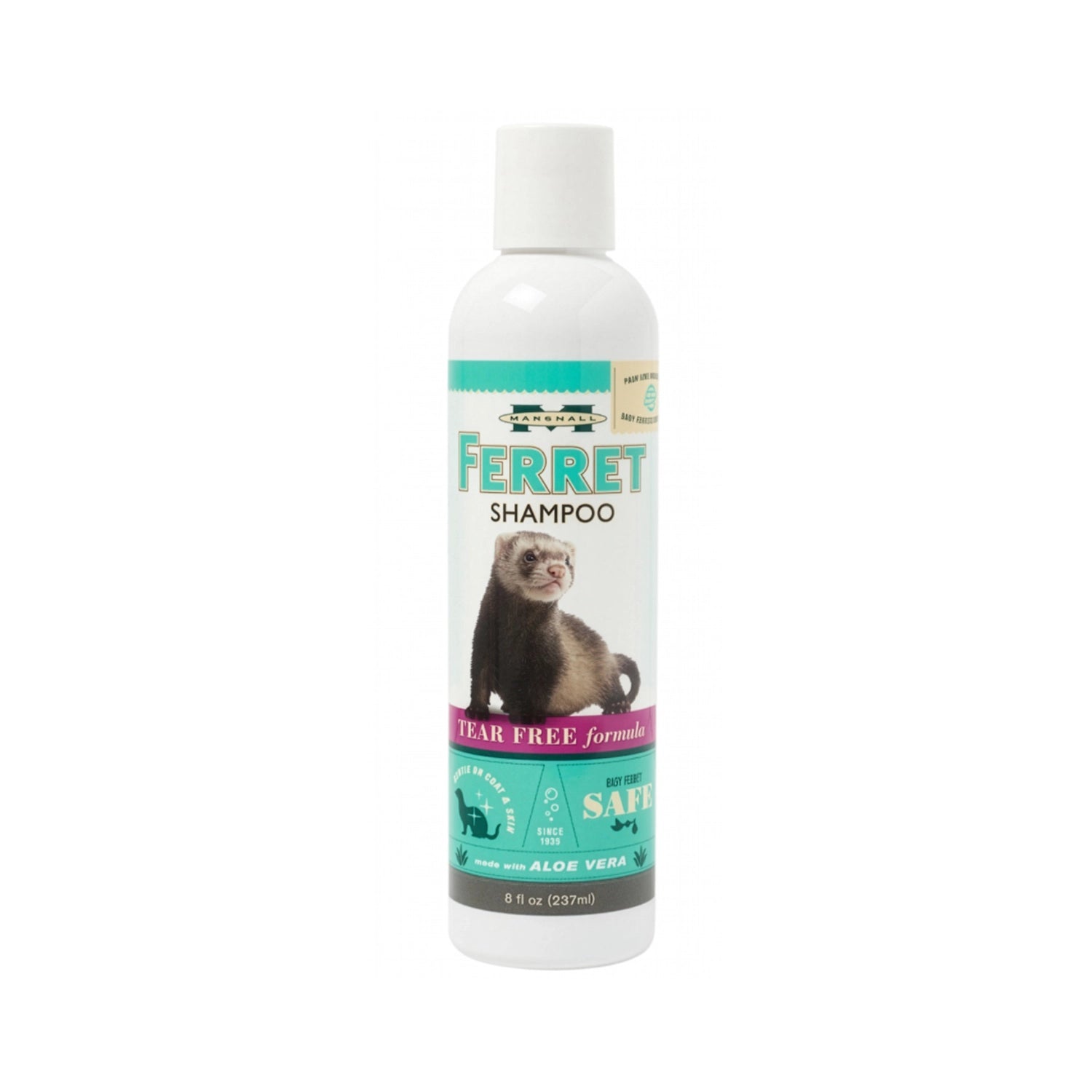 Shampoo Marshall Aloe Vera para Hurones de 237 ml, botella blanca con etiqueta turquesa y un hurón en la parte frontal.