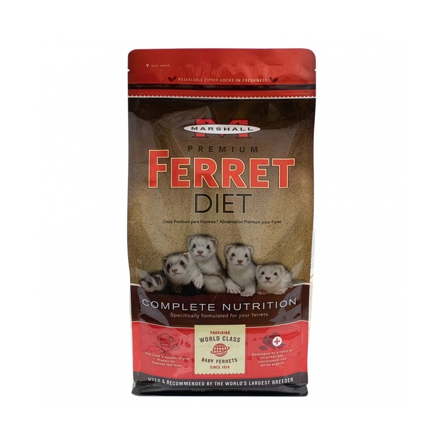 Marshall Alimento Premium para Hurón "Ferret Diet", bolsa resellable con alimento seco y varios hurones en la parte frontal.