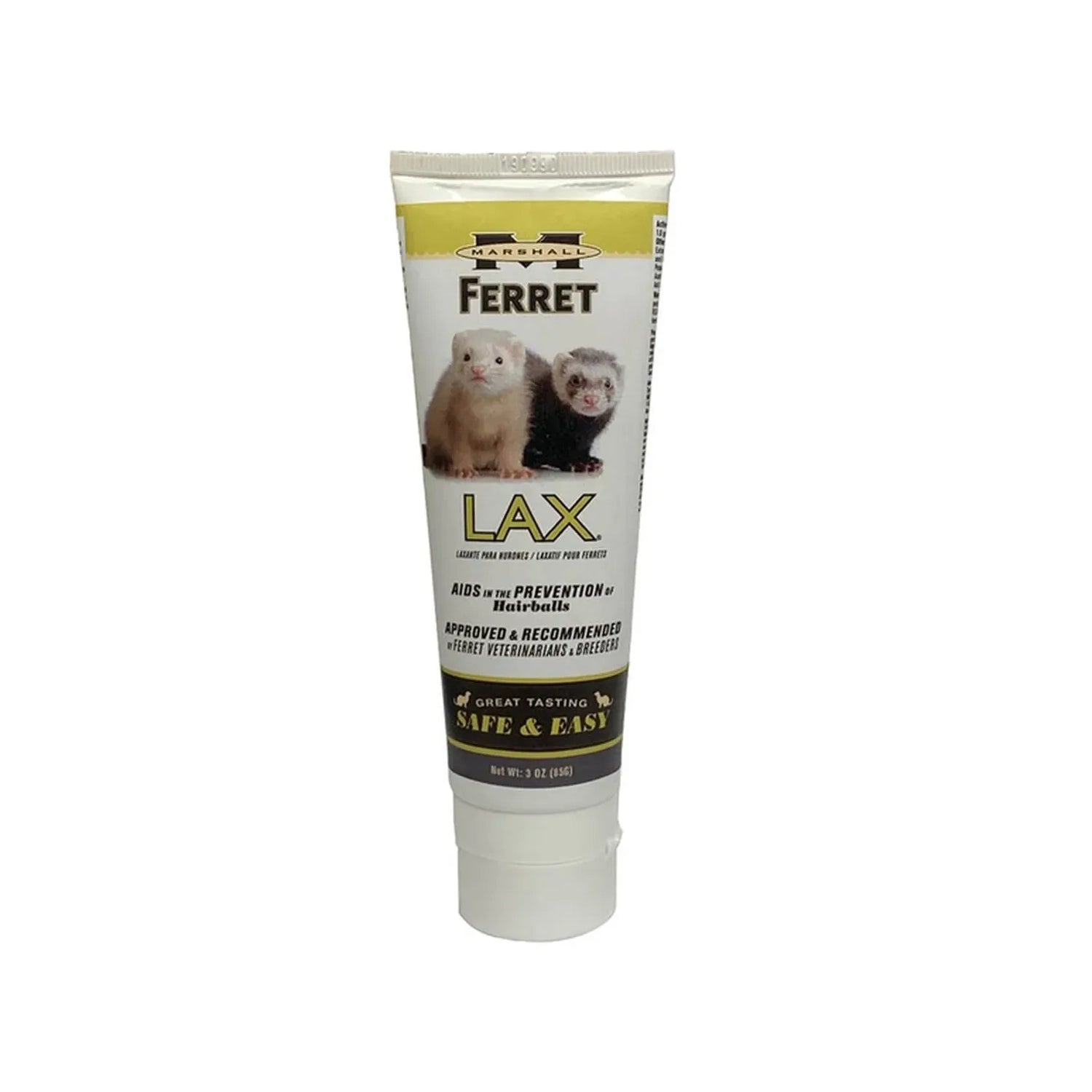 Ferret Lax Marshall en tubo de 85 g, suplemento para hurones con envase blanco y etiqueta frontal con imagen de dos hurones.