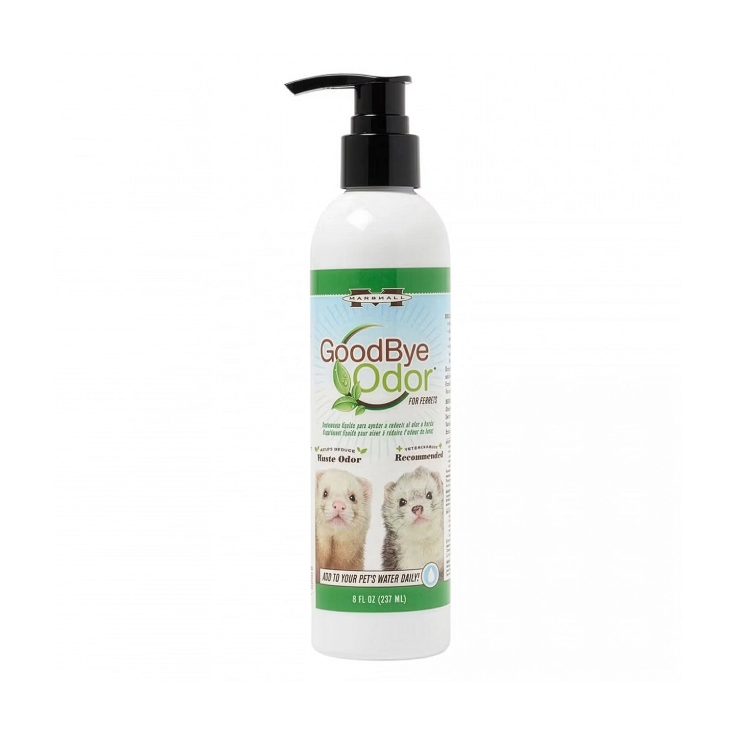 Desodorante "goodbye Odor" para Hurones, envase blanco Marshall de 237 ml con etiqueta turquesa e imagen de un hurón.