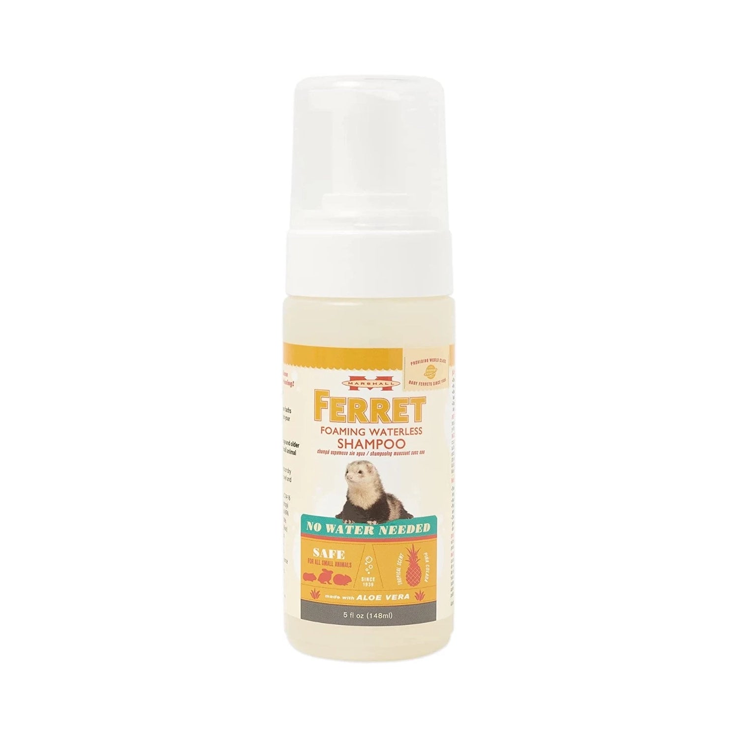 Shampoo Seco para Pequeños Animales Marshall de 148 ml, espuma sin agua con aloe vera y envase con imagen de un hurón.
