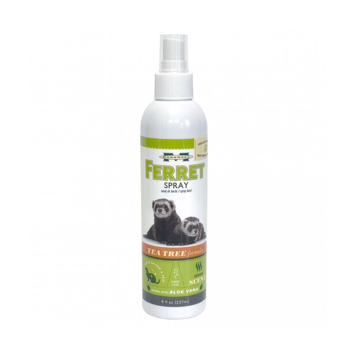 Spray "tea Tree" para Hurón Marshall de 237 ml, con aloe vera, envase blanco con atomizador y dos hurones en la etiqueta.