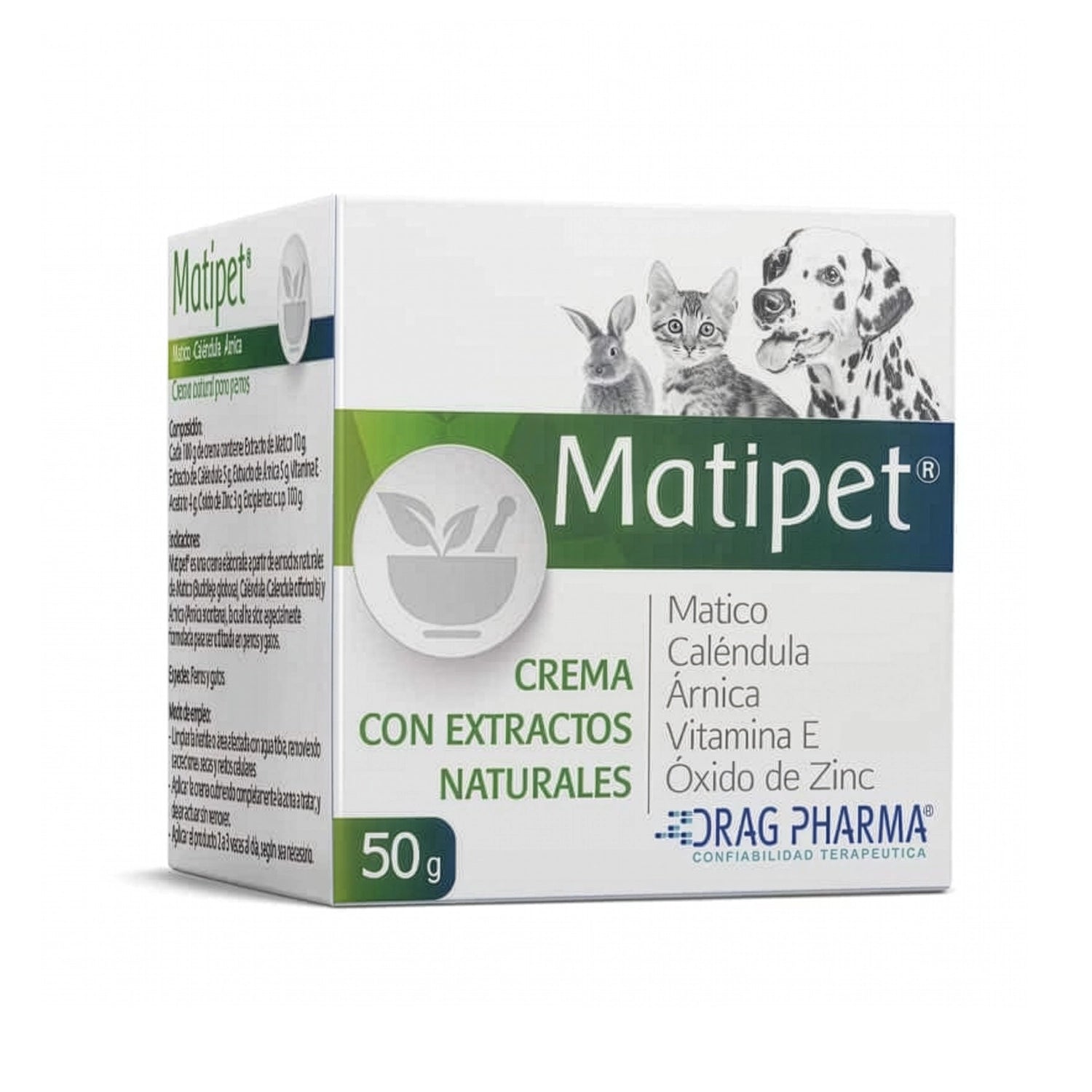 Caja de Matipet Crema Natural para Perros y Gatos con árnica, caléndula y vitamina E para cuidado cutáneo.