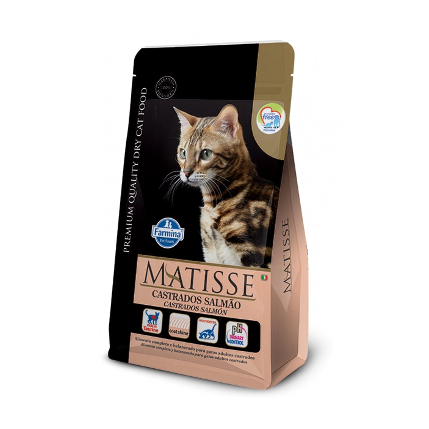 Matisse Salmón para Gatos Castrados en bolsa premium, alimento seco con salmón y gato adulto en portada.