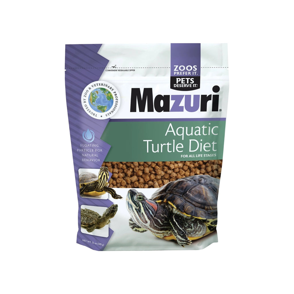 Mazuri "Turtle Diet" para Tortugas Acuáticas en bolsa resellable de 340 g, con alimento flotante y fotografía de tortuga.