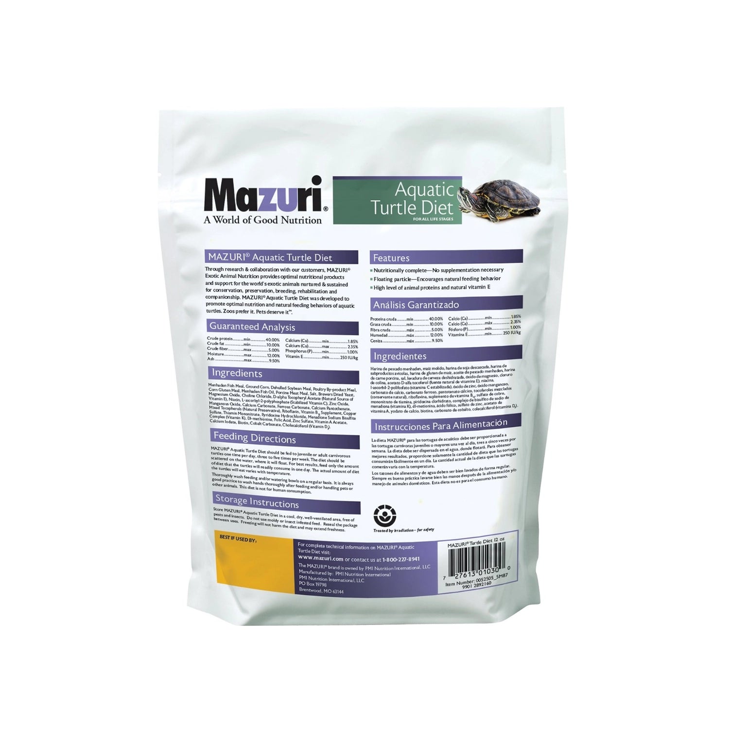Mazuri "Turtle Diet" para Tortugas Acuáticas en bolsa resellable de 340 g, con alimento flotante y fotografía de tortuga.
