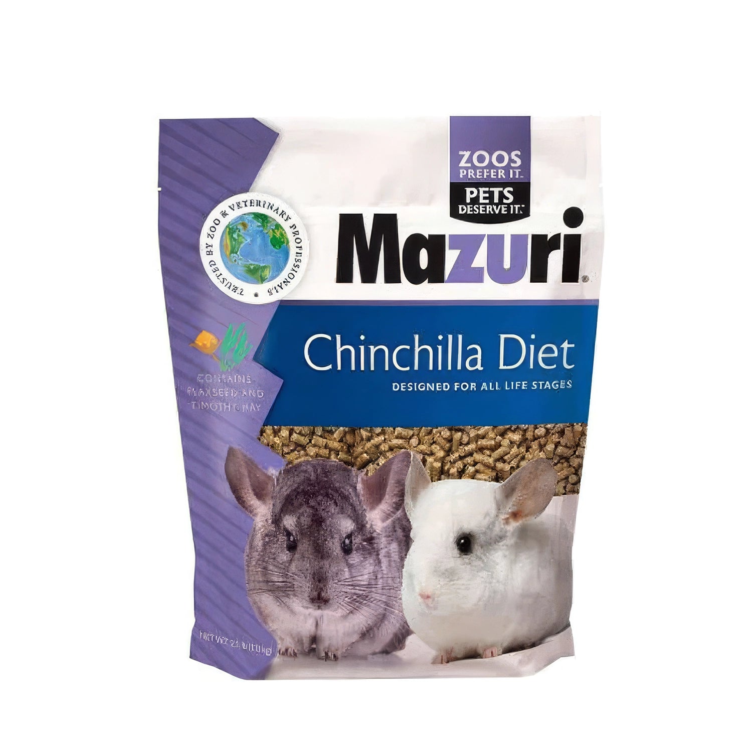 Mazuri Alimento para "Chinchilla Diet" en bolsa con pellets, diseño blanco, azul y morado, y fotografías de dos chinchillas.