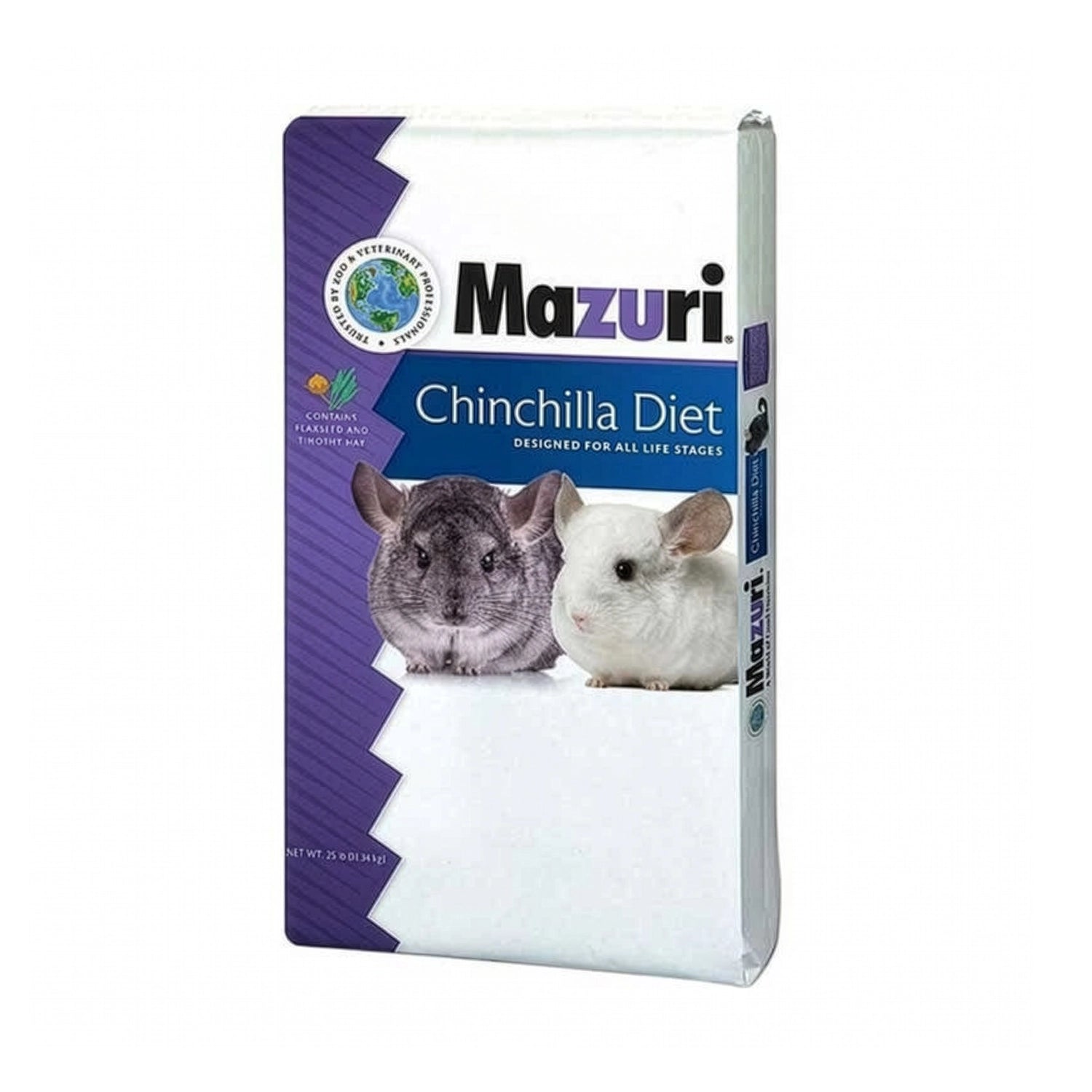 Mazuri Alimento para "Chinchilla Diet" en bolsa con pellets, diseño blanco, azul y morado, y fotografías de dos chinchillas.