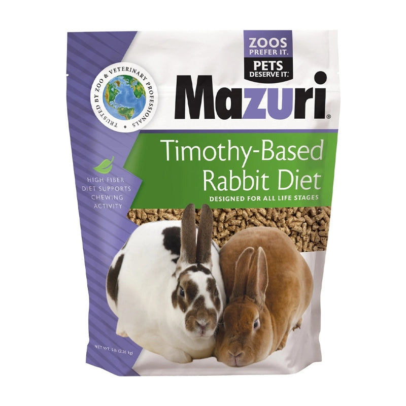Mazuri Alimento para Conejo en Base Timothy "Rabbit Diet", pellet alto en fibra con heno timothy, bolsa con imagen de dos conejos.
