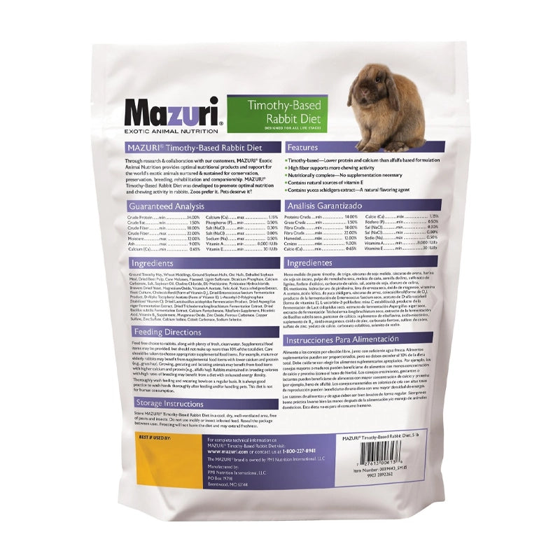 Mazuri Alimento para Conejo en Base Timothy "Rabbit Diet", pellet alto en fibra con heno timothy, bolsa con imagen de dos conejos.