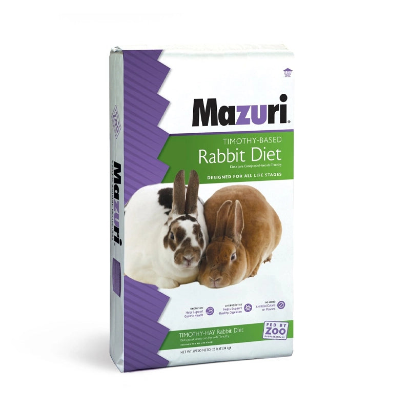 Mazuri Alimento para Conejo en Base Timothy "Rabbit Diet", pellet alto en fibra con heno timothy, bolsa con imagen de dos conejos.