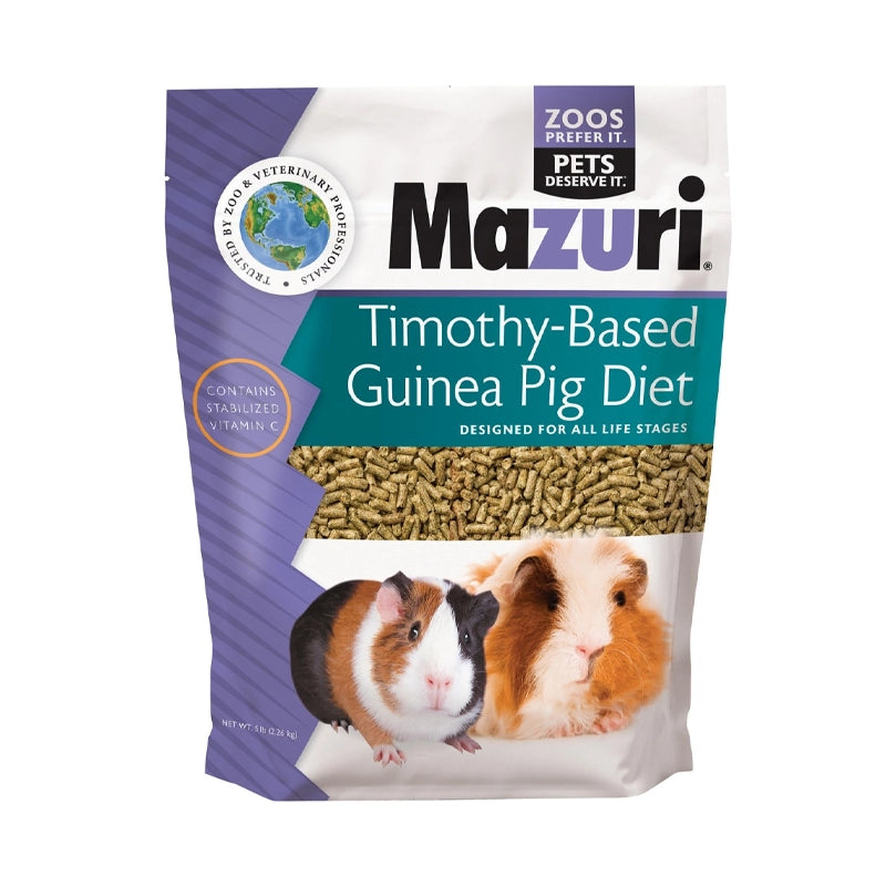 Mazuri para Cuye en Base Timothy "Guinea Pig Diet" alimento pelletizado con heno timothy y vitamina C, bolsa con imagen de cuyes.