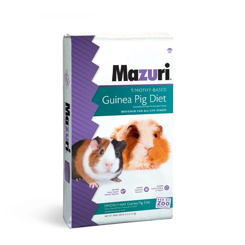 Mazuri para Cuye en Base Timothy "Guinea Pig Diet" alimento pelletizado con heno timothy y vitamina C, bolsa con imagen de cuyes.