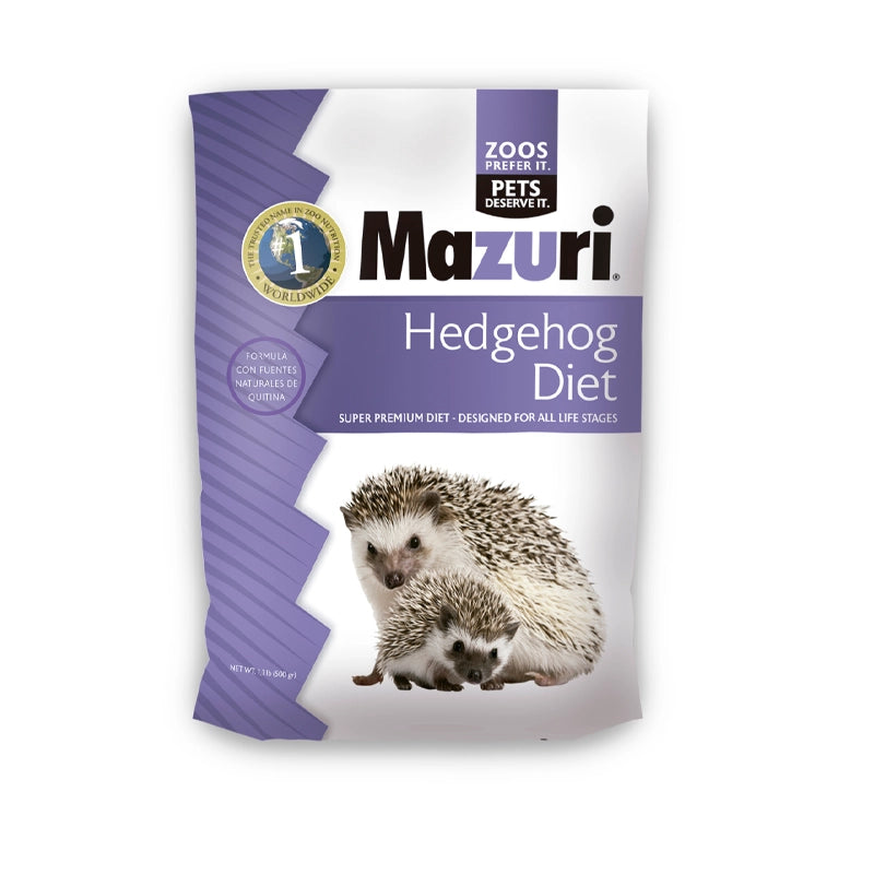 Mazuri Alimento para Erizo de Tierra "Hedgehog Diet", alimento pelletizado premium para erizos, bolsa con imagen de dos erizos.