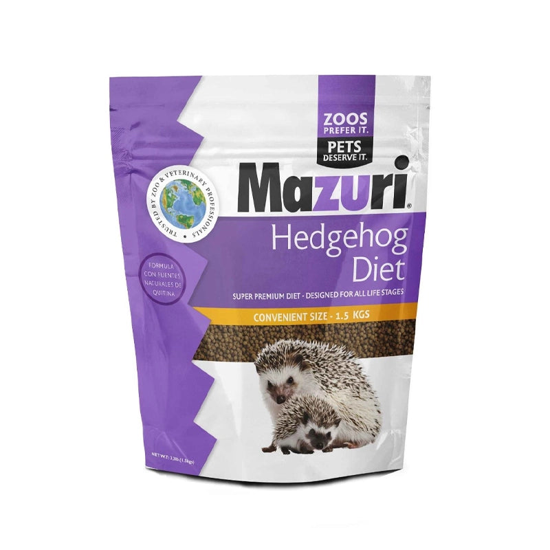 Mazuri Alimento para Erizo de Tierra "Hedgehog Diet", alimento pelletizado premium para erizos, bolsa con imagen de dos erizos.