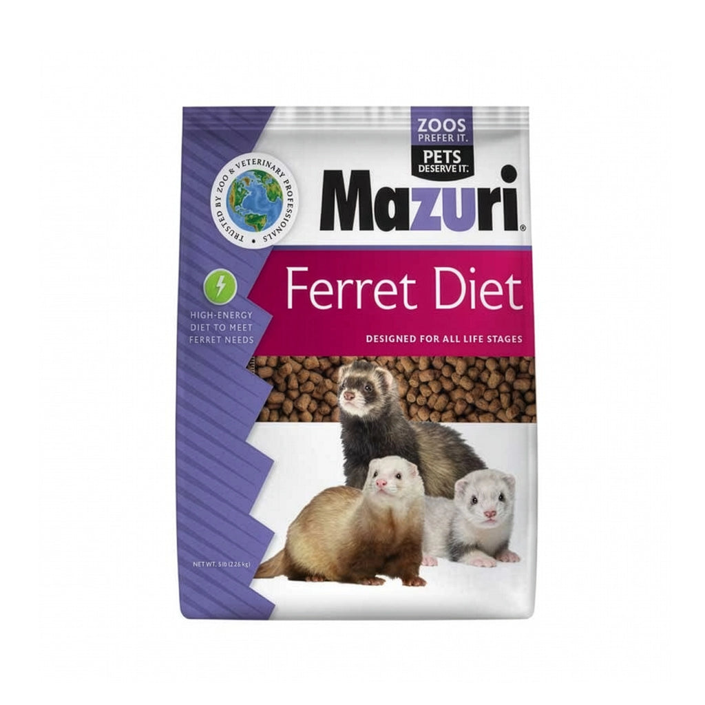 Mazuri Alimento para Hurón "Ferret Diet" en bolsa con pellets, fórmula de alta energía y tres hurones en el envase.