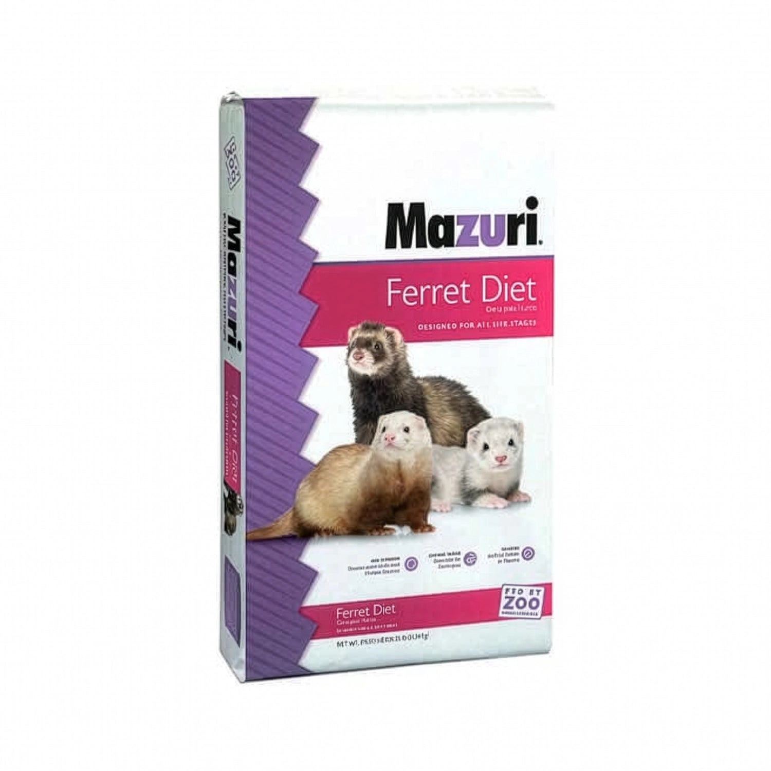 Mazuri Alimento para Hurón "Ferret Diet" en bolsa con pellets, fórmula de alta energía y tres hurones en el envase.