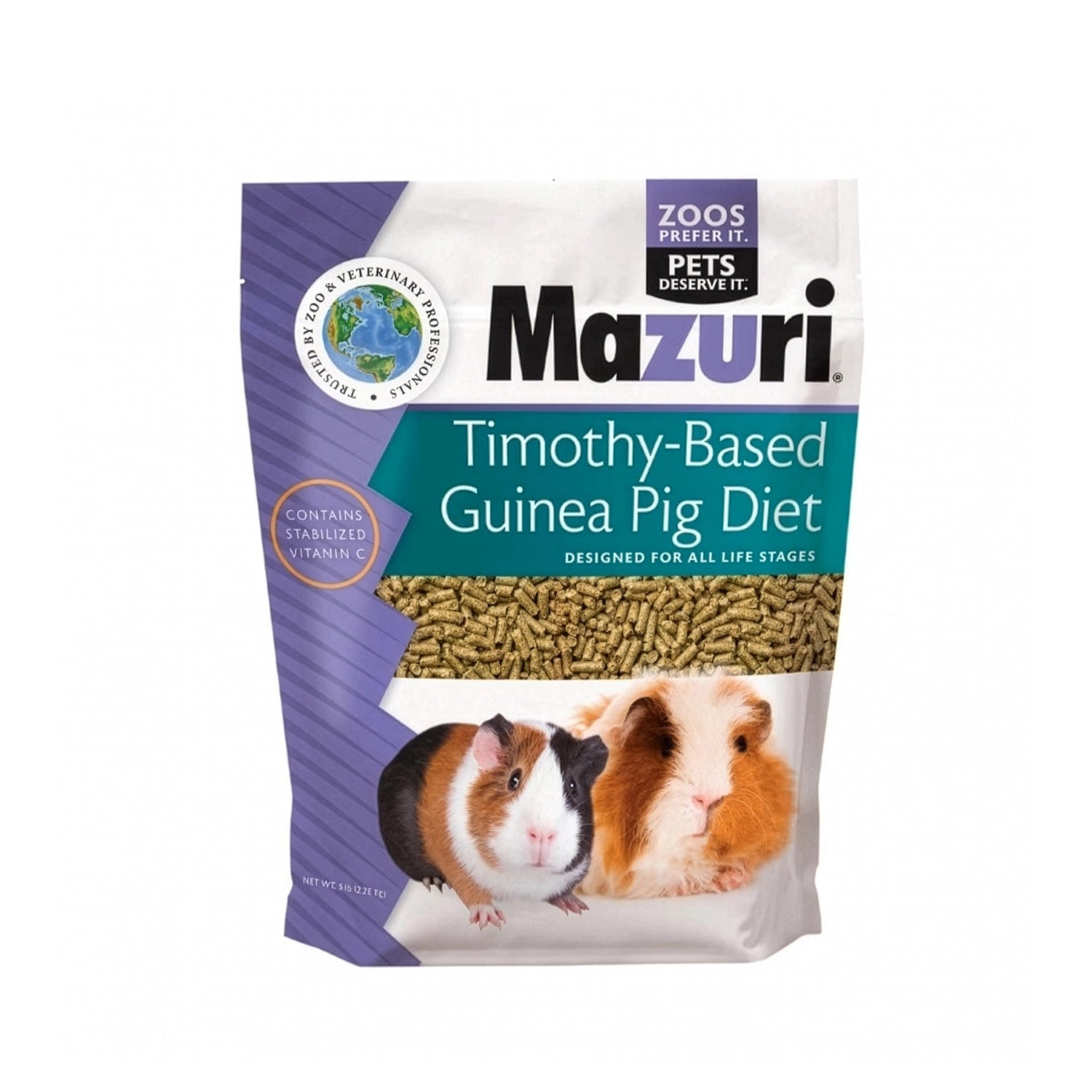 Mazuri para Cuye en Base Timothy "Guinea Pig Diet" alimento pelletizado con heno timothy y vitamina C, bolsa con imagen de cuyes.