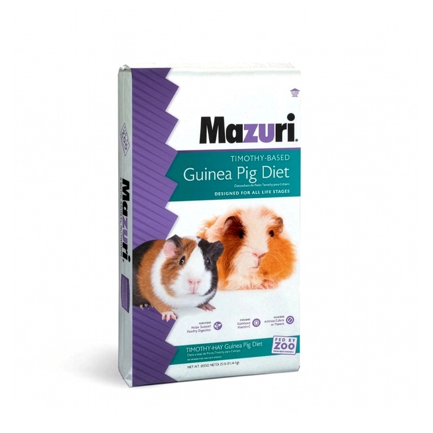 Mazuri para Cuye en Base Timothy "Guinea Pig Diet" alimento pelletizado con heno timothy y vitamina C, bolsa con imagen de cuyes.