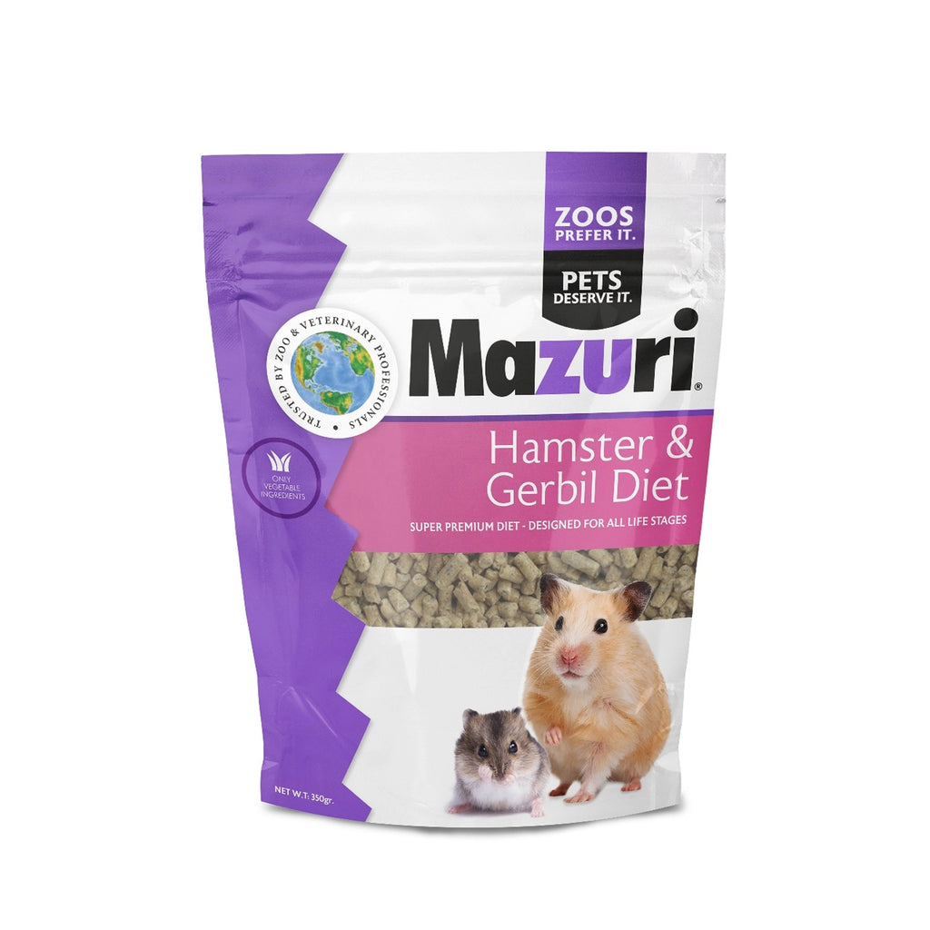 Mazuri Alimento para Hámster y Jerbo en bolsa de 350 g con pellets visibles y fotografías de un hámster y un pequeño jerbo.