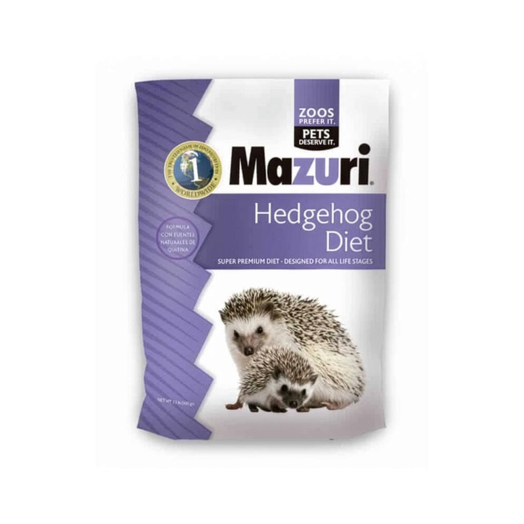 Mazuri Alimento para Erizo de Tierra "Hedgehog Diet", bolsa blanca y morada con dos erizos en la parte frontal.