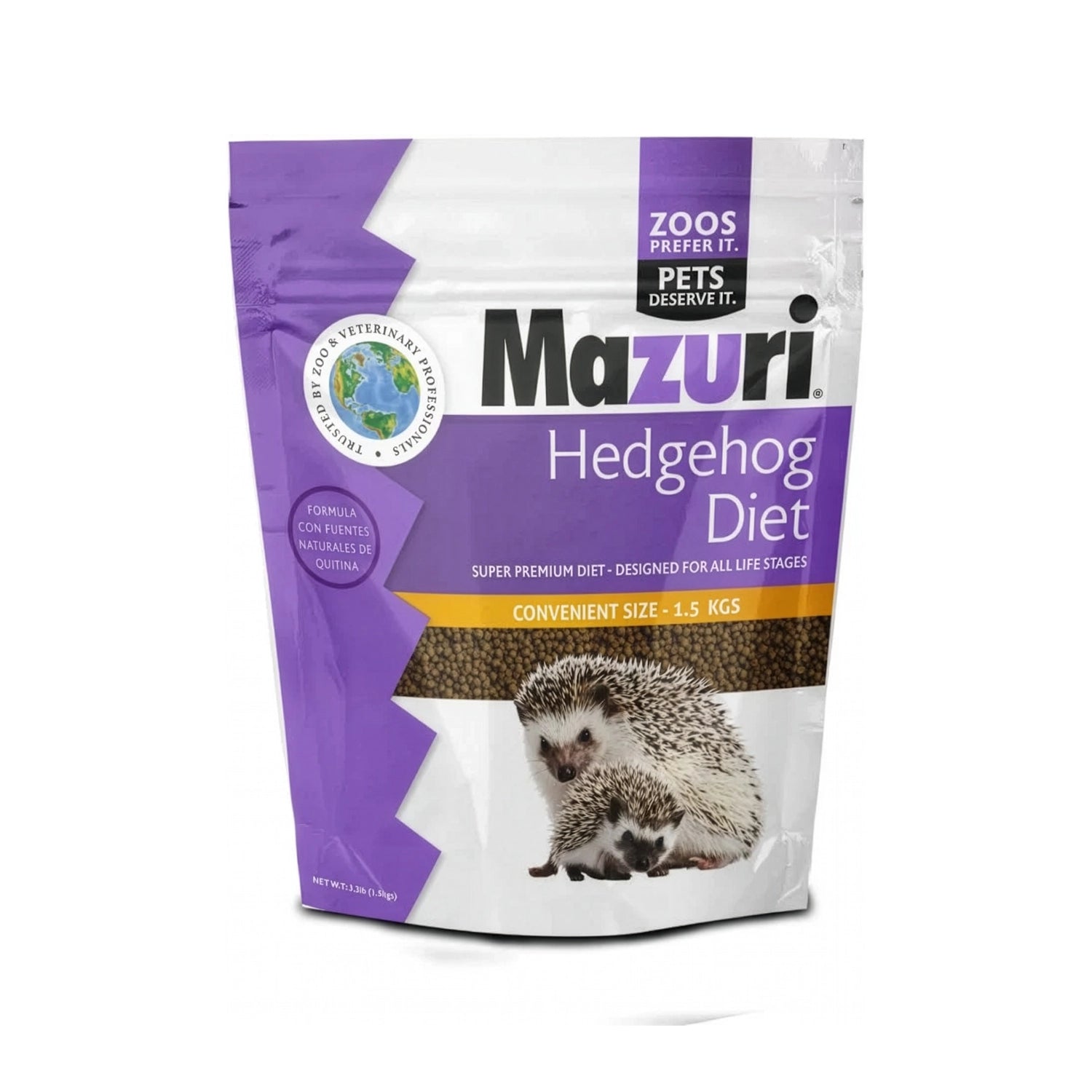Mazuri Alimento para Erizo de Tierra "Hedgehog Diet", bolsa blanca y morada con dos erizos en la parte frontal.
