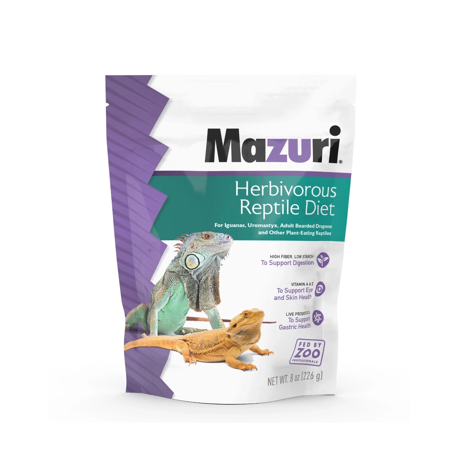 Mazuri Alimento para Reptiles Herbívoros, bolsa blanca y morada con imágenes de una iguana y un dragón barbudo.