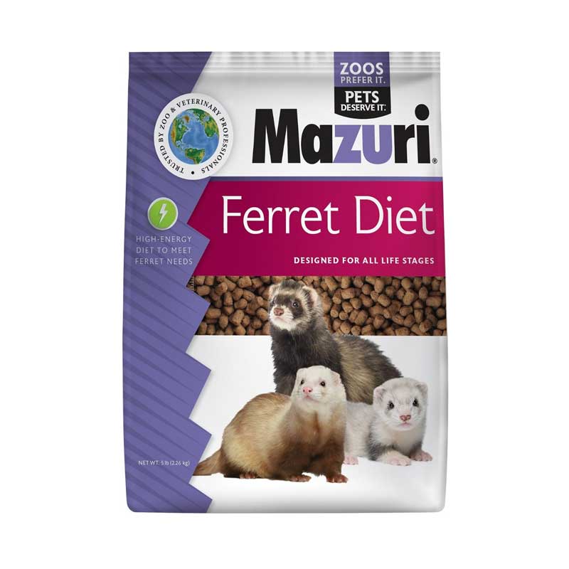 Mazuri Alimento para Hurón "Ferret Diet" pellets de alta energía para hurones, bolsa con imagen de tres hurones en el envase.