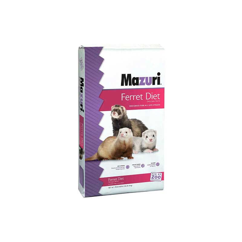 Mazuri Alimento para Hurón "Ferret Diet" pellets de alta energía para hurones, bolsa con imagen de tres hurones en el envase.