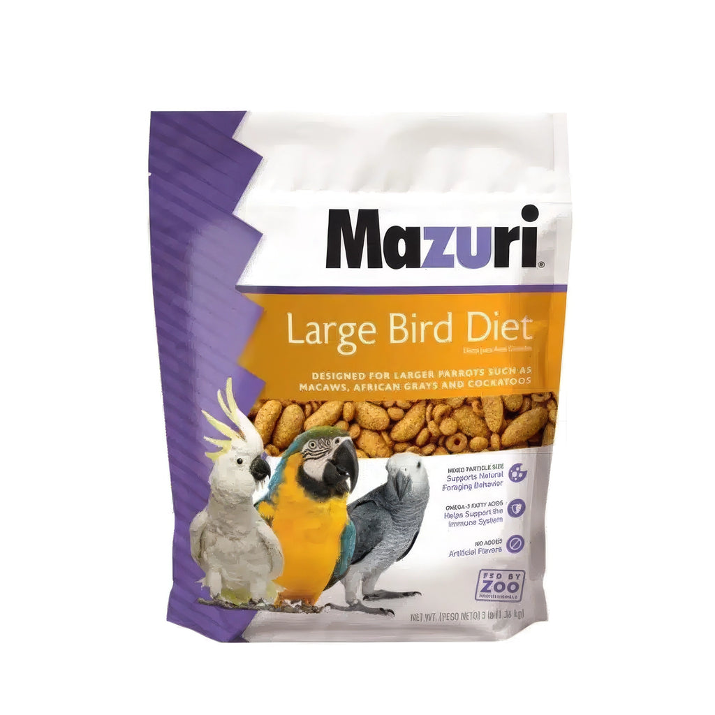 Mazuri Alimento para Aves Grandes "Large Bird Diet" en bolsa con pellets y fotografías de guacamayo, cacatúa y loro gris.