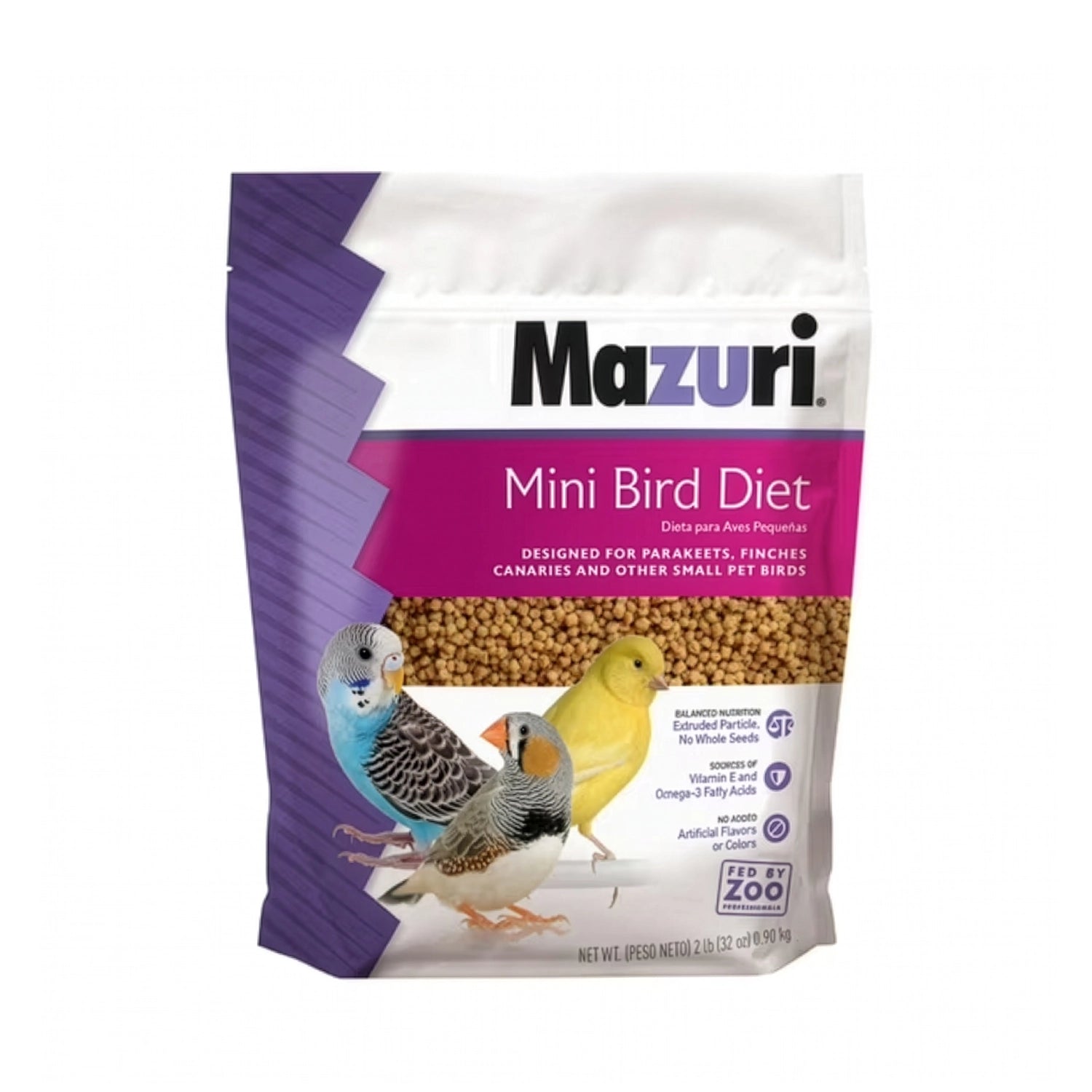 Mazuri Alimento para Aves Mini "Small Mini Bird" en bolsa con pellets y fotografías de periquito, canario y pinzón.