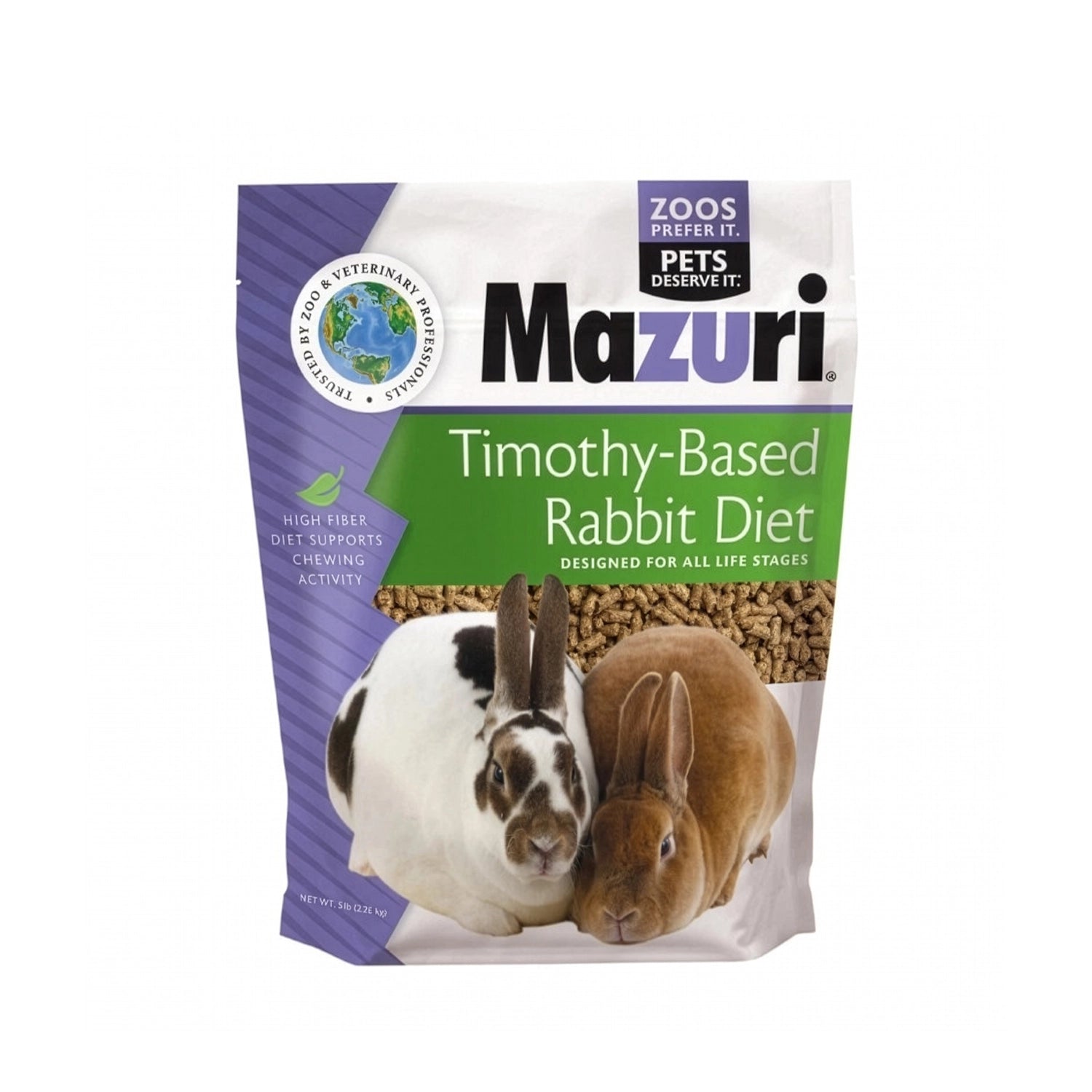 Mazuri Alimento para Conejo en Base Timothy "Rabbit Diet", pellet alto en fibra con heno timothy, bolsa con imagen de dos conejos.