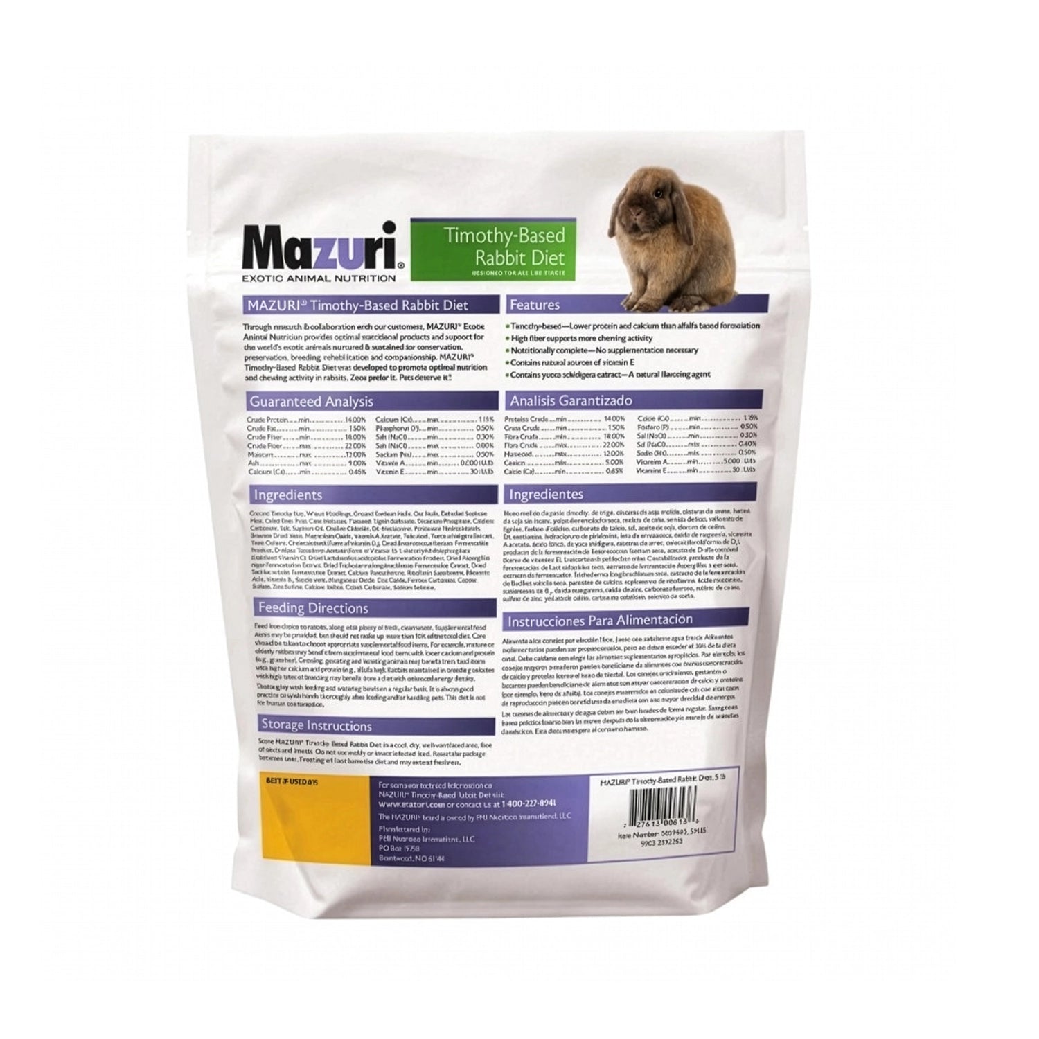Mazuri Alimento para Conejo en Base Timothy "Rabbit Diet", pellet alto en fibra con heno timothy, bolsa con imagen de dos conejos.